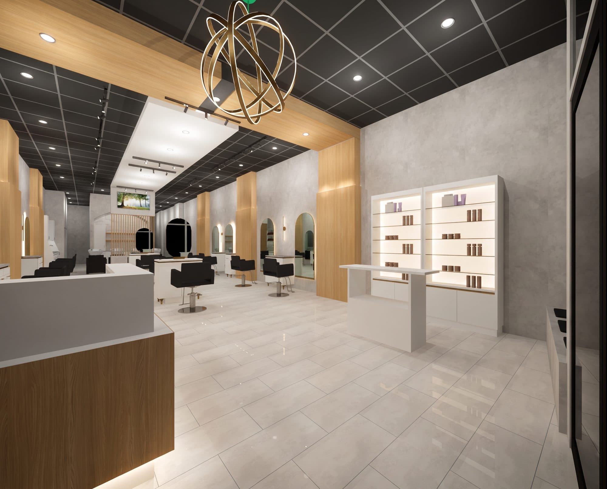 The reception and retail wall at YK Salon Millburn