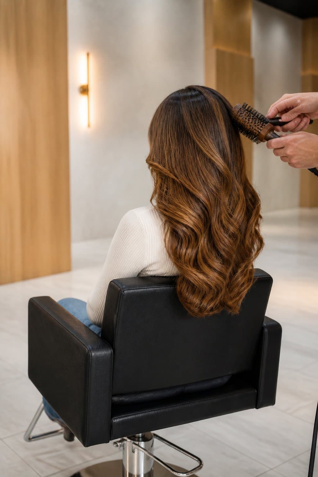 A stylist finishing a glossy blowout on freshly colored, lived-in waves